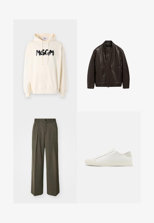 Brązowa skórzana kurtka z wysokim kołnierzem, zapięciem na zamek i dwiema dużymi kieszeniami z przodu; charakteryzuje się gładką fakturą i luźnym krojem.; Kremowa bluza z kapturem, posiadająca kieszeń z przodu, sznurek w kapturze oraz czarne logo "MSGM". Posiada ściągacze przy mankietach i u dołu, wykonana z miękkiego materiału.; Filippa K - Spodnie materiałowe; Białe skórzane sneakersy o gładkiej powierzchni, okrągłym nosku i minimalistycznym wzornictwie. Zawierają beżowe akcenty na pięcie oraz gumową podeszwę.