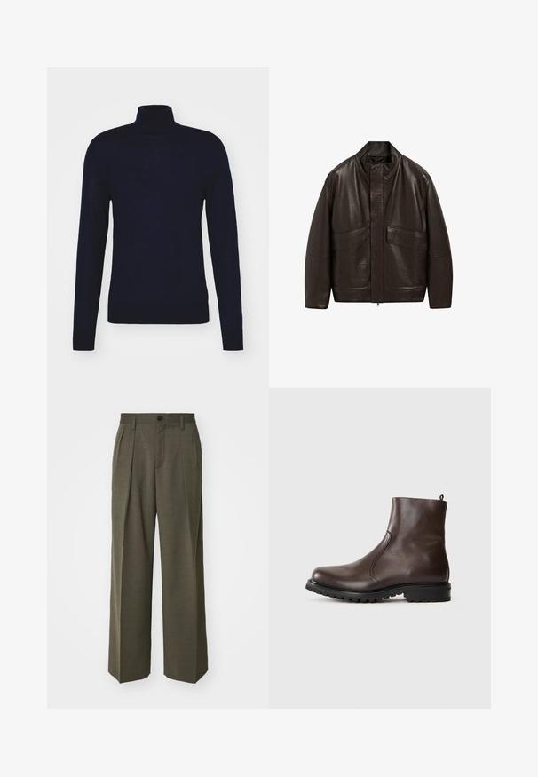 Bruine leren jas met een hoge kraag, ritssluiting en twee grote zijzakken; heeft een gladde textuur en een ontspannen pasvorm.; Tiger of Sweden NEVILE - Trui - light ink; Filippa K WIDE TROUSERS - Broek - driftwood; Bruine leren enkelboot met een gladde textuur, elastische zijpanelen, een trekband aan de achterkant en een robuuste rubberen zool.