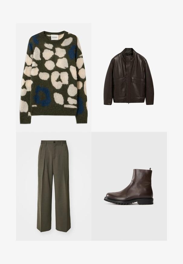 Bruine leren jas met een hoge kraag, ritssluiting en twee grote zijzakken; heeft een gladde textuur en een ontspannen pasvorm.; Gebreide trui in olijfgroen met witte en blauwe abstracte vlekken. Heeft een ronde halslijn en geribbelde manchetten en onderrand. Zacht, textuurvol stof.; Filippa K WIDE TROUSERS - Broek - driftwood; Bruine leren enkelboot met een gladde textuur, elastische zijpanelen, een trekband aan de achterkant en een robuuste rubberen zool.