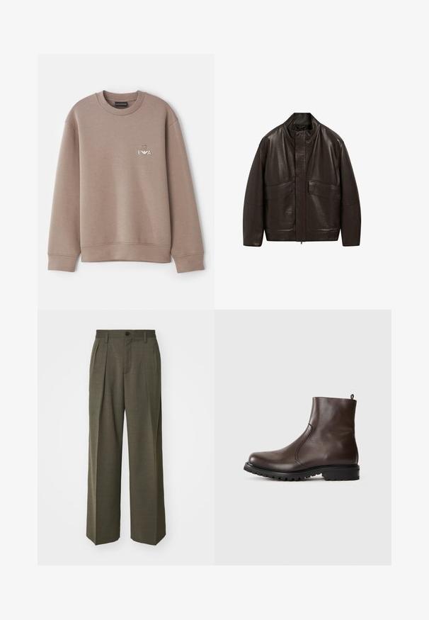Brown leather jacket with a high collar, zip closure, and two large front pockets; features a smooth texture and relaxed fit design.; Brown sweatshirt made of soft material. Features a crew neck and ribbed cuffs. Decorative "EVA" logo on the chest with an emblem above it.; Filippa K WIDE TROUSERS - Trousers - driftwood; Brown leather ankle boot with a smooth texture, elastic side panels, pull tab at the back, and a rugged rubber sole.