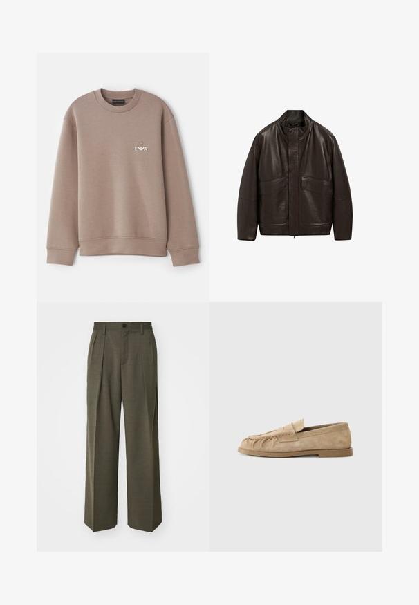 Hnědá kožená bunda s vysokým límcem, zipovým zapínáním a dvěma velkými předními kapsami; má hladkou texturu a volný střih.; Hnědá mikina vyrobená z měkkého materiálu. Má kulatý výstřih a žebrované manžety. Dekorativní logo "EVA" na hrudi s emblémem nad ním.; Filippa K WIDE TROUSERS - Kalhoty - driftwood; Béžové semišové slip-on mokasíny s nařaseným designem, mají plochou podrážku a dekorativní pásek přes nárt. Hladký povrch.