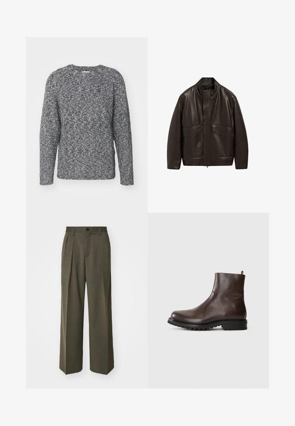 Brown leather jacket with a high collar, zip closure, and two large front pockets; features a smooth texture and relaxed fit design.; Gray and black knitted sweater with a crew neckline, long sleeves, and ribbed cuffs, featuring a textured, patterned fabric.; Filippa K WIDE TROUSERS - Trousers - driftwood; Brown leather ankle boot with a smooth texture, elastic side panels, pull tab at the back, and a rugged rubber sole.