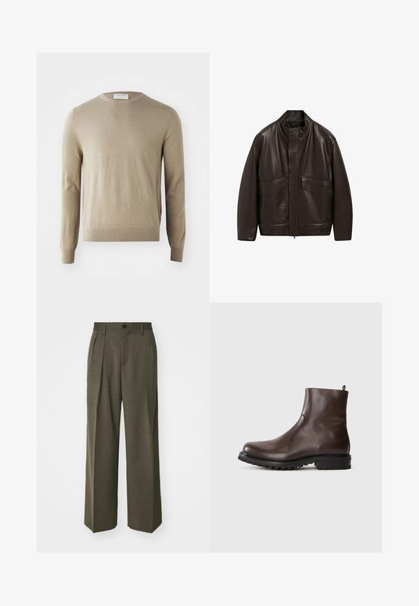 Brown leather jacket with a high collar, zip closure, and two large front pockets; features a smooth texture and relaxed fit design.; Tiger of Sweden CONNOR - Jumper - vintage beige; Filippa K WIDE TROUSERS - Trousers - driftwood; Brown leather ankle boot with a smooth texture, elastic side panels, pull tab at the back, and a rugged rubber sole.
