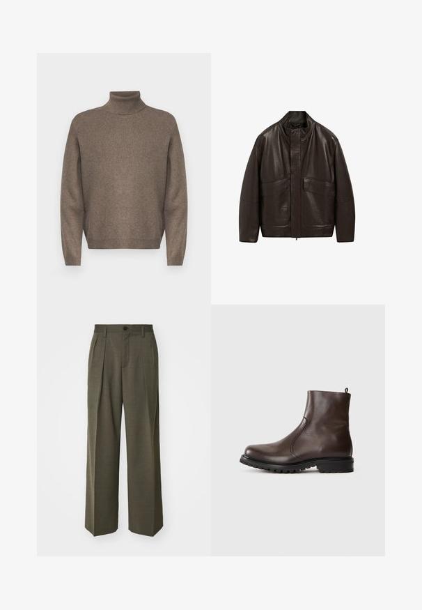 Braune Lederjacke mit hohem Kragen, Reißverschluss und zwei großen Fronttaschen; zeichnet sich durch eine glatte Textur und einen lässigen Schnitt aus.; Brauner Rollkragenpullover aus weichem Strickmaterial. Mit gerippten Bündchen und Saum, locker sitzend und nahtlosem Design.; Filippa K WIDE TROUSERS - Stoffhose - driftwood; Braune Leder-Stiefeletten mit glatter Textur, elastischen seitlichen Einsätzen, einer Schlaufe hinten und einer robusten Gummisohle.