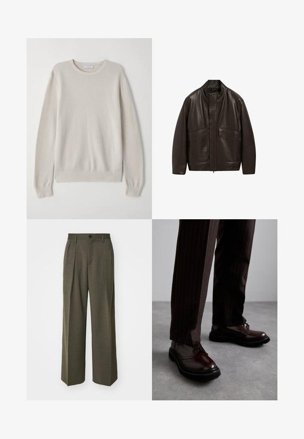 Veste en cuir marron avec un col haut, fermeture éclair et deux grandes poches avant ; présente une texture lisse et un design décontracté.; Pull beige clair en tricot doux. Col rond, manches longues, poignets côtelés et ourlet avec un subtil détail de texture.; Filippa K WIDE TROUSERS - Pantalon classique - driftwood; Chaussures en cuir marron à lacets avec une finition brillante, semelle en caoutchouc noire et coutures discrètes. Portées avec un pantalon marron à rayures.