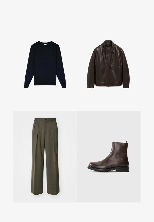 Bruine leren jas met een hoge kraag, ritssluiting en twee grote zijzakken; heeft een gladde textuur en een ontspannen pasvorm.; Scalpers CLASSIC ROUND NECK - Sweater - navy; Filippa K WIDE TROUSERS - Broek - driftwood; Bruine leren enkelboot met een gladde textuur, elastische zijpanelen, een trekband aan de achterkant en een robuuste rubberen zool.