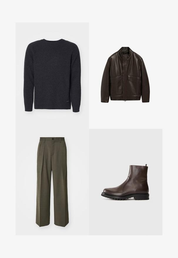 Brązowa skórzana kurtka z wysokim kołnierzem, zapięciem na zamek i dwiema dużymi kieszeniami z przodu; charakteryzuje się gładką fakturą i luźnym krojem.; Ciemnoszary sweter dziany z okrągłym dekoltem, długimi rękawami i ściągaczami. Gładka faktura z subtelnym logo w dolnym lewym rogu.; Filippa K - Spodnie materiałowe; Brązowe skórzane botki za kostkę o gładkiej powierzchni, z elastycznymi bocznymi panelami, pętelką z tyłu oraz wytrzymałą gumową podeszwą.