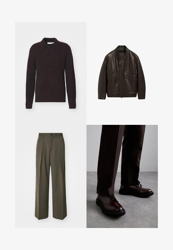 Giubbotto in pelle marrone con colletto alto, chiusura a zip e due grandi tasche frontali; presenta una texture liscia e un design dalla vestibilità comoda.; Pullover in maglia marrone con maniche lunghe, colletto e patta con bottoni. Texture morbida, vestibilità leggermente ampia e design semplice.; Filippa K WIDE TROUSERS - Pantaloni - driftwood; Scarpe stringate in pelle marrone con finitura lucida, suola in gomma nera e cuciture sottili. Indossate con pantaloni marroni a righe.