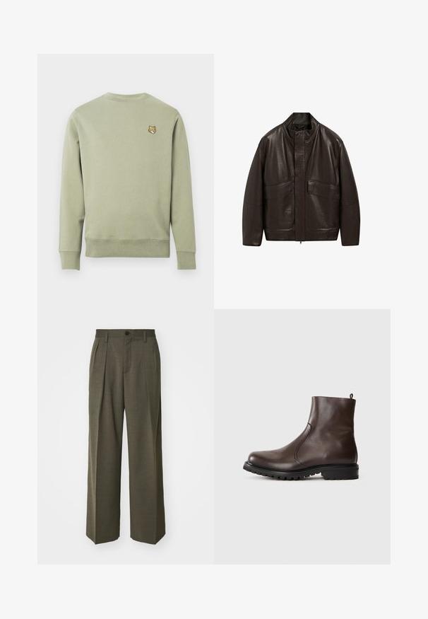 Brązowa skórzana kurtka z wysokim kołnierzem, zapięciem na zamek i dwiema dużymi kieszeniami z przodu; charakteryzuje się gładką fakturą i luźnym krojem.; Jasnozielona bluza z bawełny, z okrągłym dekoltem i długimi rękawami. Mały haftowany detal w postaci głowy lisa po lewej stronie na piersi.; Filippa K - Spodnie materiałowe; Brązowe skórzane botki za kostkę o gładkiej powierzchni, z elastycznymi bocznymi panelami, pętelką z tyłu oraz wytrzymałą gumową podeszwą.