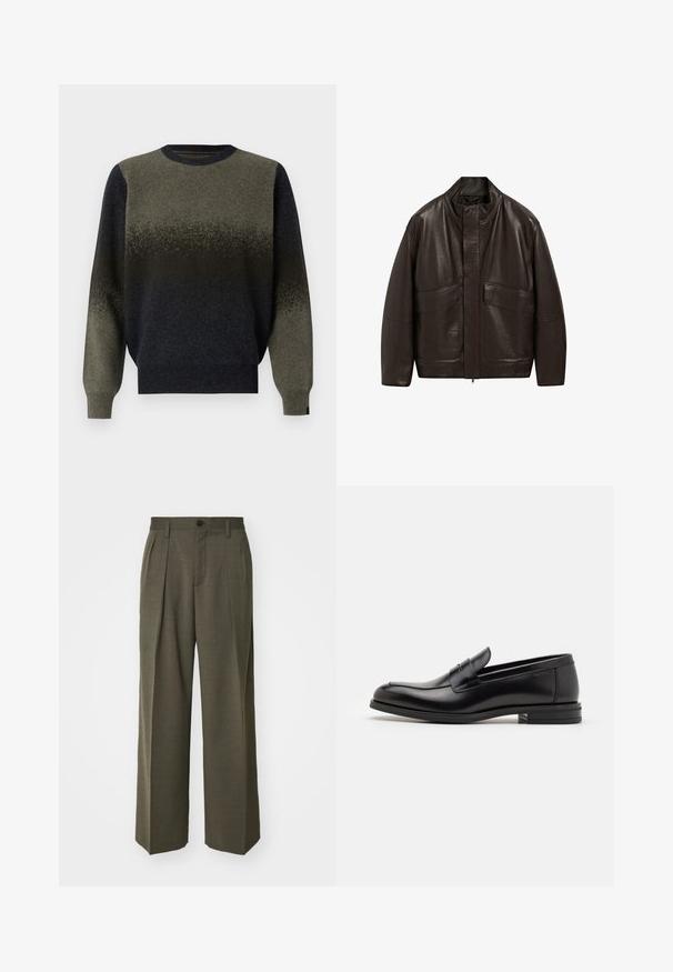 Brun læderjakke med høj krave, lynlås lukning og to store forlommer; har en glat tekstur og et afslappet fit design.; Striktrøje med gradientdesign, der går fra mørkegrøn til sort. Ribbet halsudskæring og manchetter, blød tekstur.; Filippa K WIDE TROUSERS - Bukser - driftwood; Sorte læderloafers med en glat overflade, rund tå og en dekorativ strop over vampen. Lav hæl med stabeldesign, minimalistisk stil.