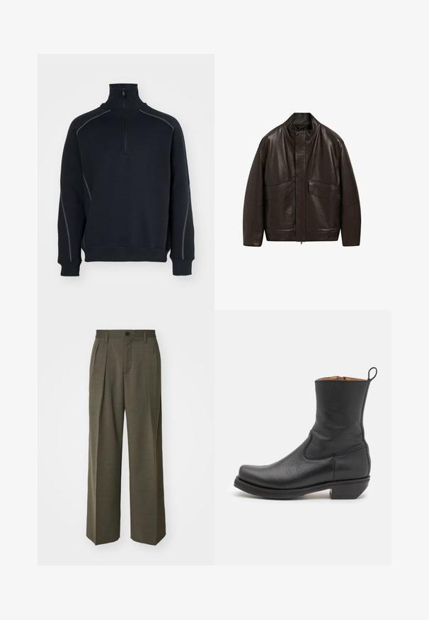 Brun läderjacka med hög krage, dragkedjestängning och två stora framfickor; har en slät yta och en avslappnad passform.; J.LINDEBERG CANTER QUARTER ZIP - Sweatshirt - black; Filippa K WIDE TROUSERS - Tygbyxor - driftwood; Svart läderankelsko med en slät yta, smal profil, sidostickningar och en låg, fyrkantig klack. Har en dra-flik bak.