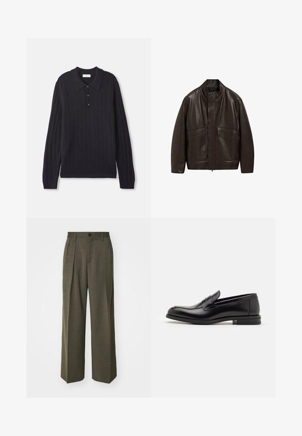 Bruine leren jas met een hoge kraag, ritssluiting en twee grote zijzakken; heeft een gladde textuur en een ontspannen pasvorm.; Donker marineblauwe gebreide polo trui met lange mouwen, drie knopen en geribbelde manchetten, met een gestructureerd verticale streep patroon.; Filippa K WIDE TROUSERS - Broek - driftwood; Zwarte leren instappers met een gladde textuur, ronde neus en een decoratieve band over de wreef. Lage, gestapelde hak en minimalistisch ontwerp.
