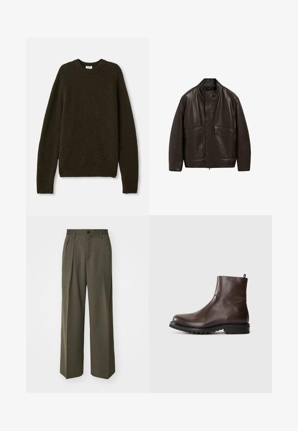 Brown leather jacket with a high collar, zip closure, and two large front pockets; features a smooth texture and relaxed fit design.; Dark green knit sweater with a crew neck, long sleeves, and ribbed hems. Made from soft, textured wool blend fabric.; Filippa K WIDE TROUSERS - Trousers - driftwood; Brown leather ankle boot with a smooth texture, elastic side panels, pull tab at the back, and a rugged rubber sole.