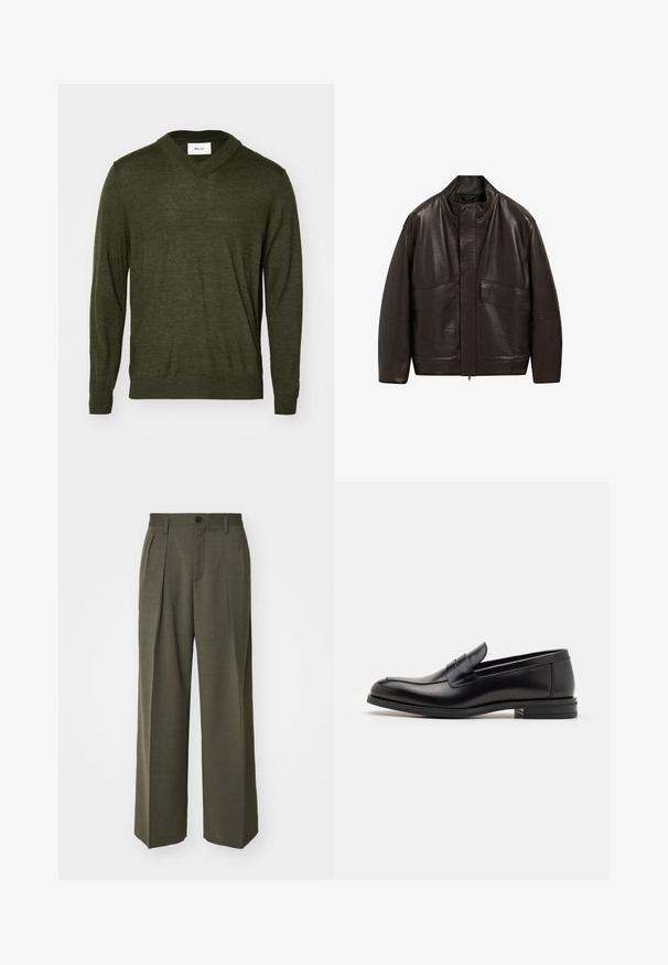 Brown leather jacket with a high collar, zip closure, and two large front pockets; features a smooth texture and relaxed fit design.; Olive green v-neck sweater made of soft knit material; long sleeves, ribbed cuffs and hem; minimalistic label on the neckline.; Filippa K WIDE TROUSERS - Trousers - driftwood; Black leather loafers with a smooth texture, rounded toe, and a decorative strap across the vamp. Low stacked heel, minimalist design.