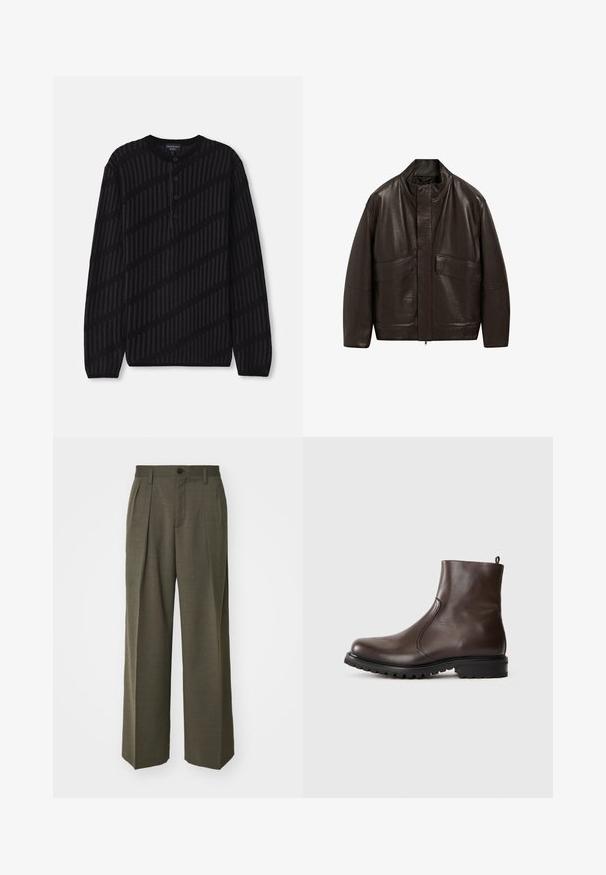 Brun läderjacka med hög krage, dragkedjestängning och två stora framfickor; har en slät yta och en avslappnad passform.; Svart långärmad henleytröja med ribbat mönster. Har tre knappar vid kragen och ett diagonalt randmönster i mörkare svart.; Filippa K WIDE TROUSERS - Tygbyxor - driftwood; Brun läderankelboot med en slät yta, elastiska sidopaneler, dragflik bak och en robust gummisula.