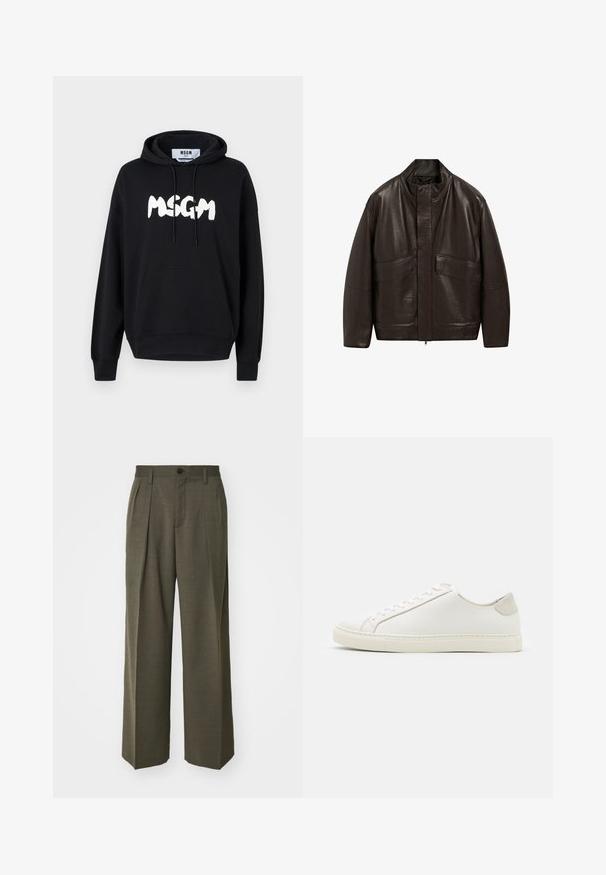 Veste en cuir marron avec un col haut, fermeture éclair et deux grandes poches avant ; présente une texture lisse et un design décontracté.; Hoodie en coton noir avec poche sur le devant, cordons de serrage ajustables et un grand logo "MSGM" blanc sur la poitrine. Texture douce.; Filippa K WIDE TROUSERS - Pantalon classique - driftwood; Baskets en cuir blanc avec une surface lisse, bout rond et design minimaliste. Présentent des accents beiges sur le talon et une semelle en caoutchouc.