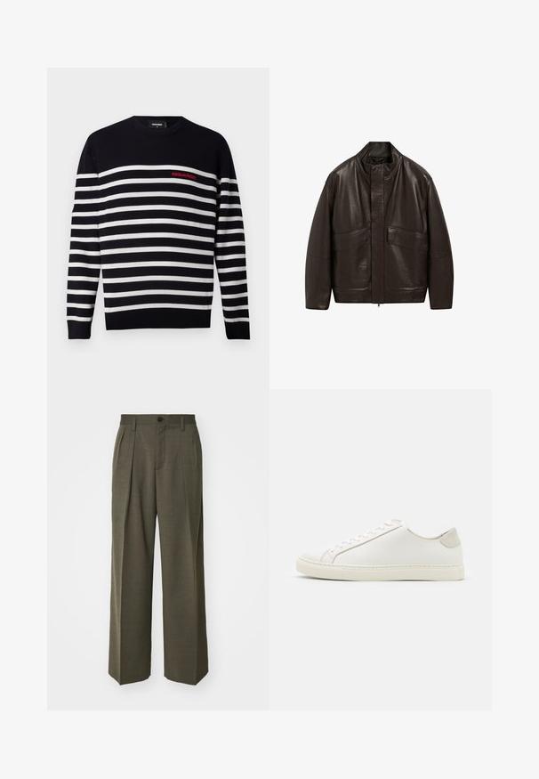 Bruine leren jas met een hoge kraag, ritssluiting en twee grote zijzakken; heeft een gladde textuur en een ontspannen pasvorm.; Navyblauw en wit gestreepte trui met een ronde hals, voorzien van een rood "DSQUARED2" logo op de linkerborst. Zachte gebreide textuur.; Filippa K WIDE TROUSERS - Broek - driftwood; Witte leren sneaker met een gladde oppervlakte, ronde neus en minimalistisch ontwerp. Heeft beige accenten op de hiel en een rubberen zool.
