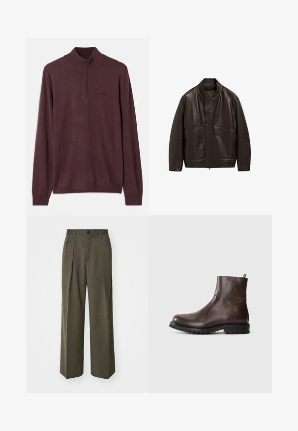 Bruine leren jas met een hoge kraag, ritssluiting en twee grote zijzakken; heeft een gladde textuur en een ontspannen pasvorm.; Bruine gebreide trui met lange mouwen, een halflange rits kraag en geribbelde manchetten en zoom, weergegeven op een witte achtergrond.; Filippa K WIDE TROUSERS - Broek - driftwood; Bruine leren enkelboot met een gladde textuur, elastische zijpanelen, een trekband aan de achterkant en een robuuste rubberen zool.