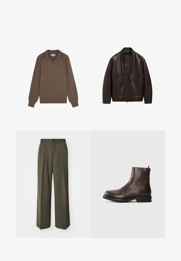 Bruine leren jas met een hoge kraag, ritssluiting en twee grote zijzakken; heeft een gladde textuur en een ontspannen pasvorm.; Bruine pullover trui met een kwart rits kraag, lange mouwen, ribgebreide manchetten en zoom, gemaakt van een zachte, gestructureerde stof.; Filippa K WIDE TROUSERS - Broek - driftwood; Bruine leren enkelboot met een gladde textuur, elastische zijpanelen, een trekband aan de achterkant en een robuuste rubberen zool.