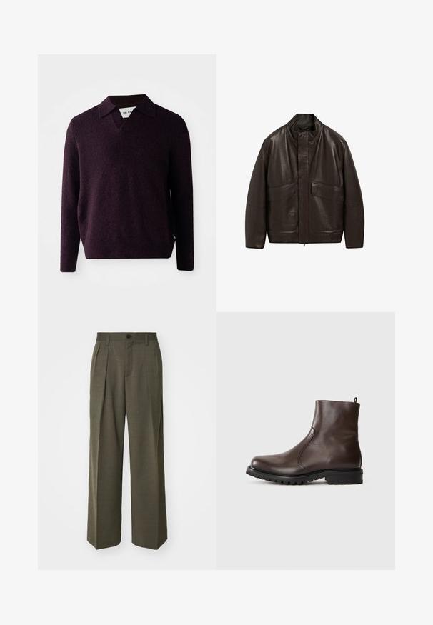 Brązowa skórzana kurtka z wysokim kołnierzem, zapięciem na zamek i dwiema dużymi kieszeniami z przodu; charakteryzuje się gładką fakturą i luźnym krojem.; Sweter dzianinowy w ciemnofioletowym kolorze, z dekoltem w kształcie litery V, długimi rękawami i teksturowanym wykończeniem. Posiada klasyczny kołnierz i boczną metkę.; Filippa K - Spodnie materiałowe; Brązowe skórzane botki za kostkę o gładkiej powierzchni, z elastycznymi bocznymi panelami, pętelką z tyłu oraz wytrzymałą gumową podeszwą.