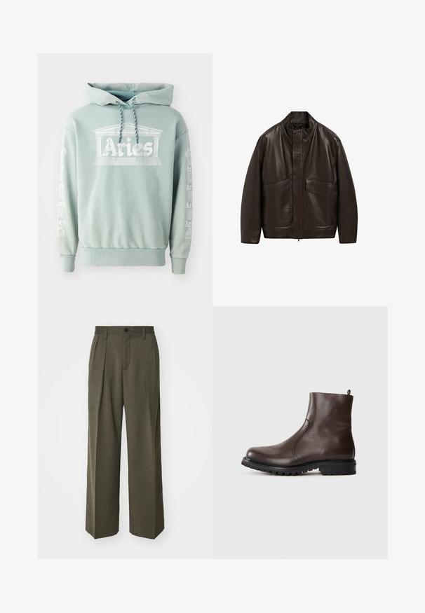 Brown leather jacket with a high collar, zip closure, and two large front pockets; features a smooth texture and relaxed fit design.; Mint green hoodie made of cotton, featuring a front print of "Aries" with architectural details, and text along the sleeves in white.; Filippa K WIDE TROUSERS - Trousers - driftwood; Brown leather ankle boot with a smooth texture, elastic side panels, pull tab at the back, and a rugged rubber sole.