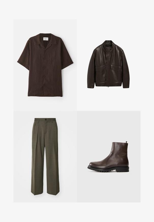 Hnědá kožená bunda s vysokým límcem, zipovým zapínáním a dvěma velkými předními kapsami; má hladkou texturu a volný střih.; Krátký rukáv, košile na knoflíky z tmavě hnědé látky s plochým límcem. Má volný střih a jemnou texturu. Bez viditelných vzorů nebo akcentů.; Filippa K WIDE TROUSERS - Kalhoty - driftwood; Hnědé kožené kotníkové boty s hladkým povrchem, elastickými postranními panely, poutkem na zadní straně a robustní gumovou podrážkou.