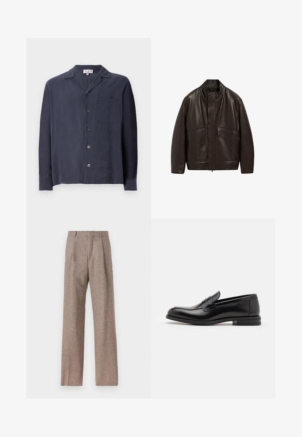 Braune Lederjacke mit hohem Kragen, Reißverschluss und zwei großen Fronttaschen; zeichnet sich durch eine glatte Textur und einen lässigen Schnitt aus.; Marineblaues Hemd mit Knöpfen aus glattem Stoff, mit Kragen, langen Ärmeln, einer Brusttasche und silberfarbenen Knöpfen.; Braune, hochtaillierte Hose aus strukturiertem Stoff. Mit weitem Bein und zwei vorderen Bügelfalten für zusätzliche Form. Saubere Verarbeitung ohne sichtbare Hardware.; Schwarze Lederloafers mit glatter Textur, rundem Zehenbereich und einem dekorativen Riemen über dem Vorderfuß. Niedriger, gestapelter Absatz, minimalistisches Design.