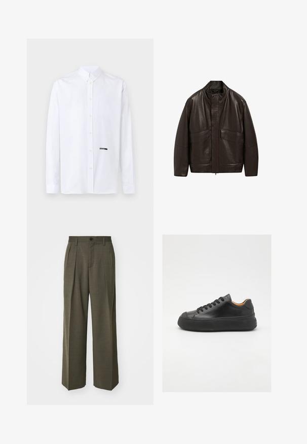 Giubbotto in pelle marrone con colletto alto, chiusura a zip e due grandi tasche frontali; presenta una texture liscia e un design dalla vestibilità comoda.; Camicia bianca a maniche lunghe con bottoni, collo classico e piccolo logo nero "DSQUARED2" vicino alla parte inferiore della linea di bottoni.; Filippa K WIDE TROUSERS - Pantaloni - driftwood; Sneaker in pelle nera con punta tonda, allacciatura frontale, superficie liscia, suola in gomma spessa e interno a contrasto color nocciola.