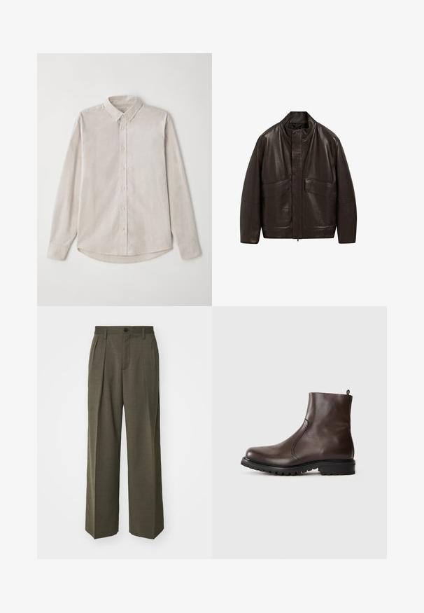 Bruine leren jas met een hoge kraag, ritssluiting en twee grote zijzakken; heeft een gladde textuur en een ontspannen pasvorm.; Lichtbeige langemouwen shirt van zachte stof. Voorzien van een kraag met knopen en een centrale knoopsluiting met een gebogen zoom.; Filippa K WIDE TROUSERS - Broek - driftwood; Bruine leren enkelboot met een gladde textuur, elastische zijpanelen, een trekband aan de achterkant en een robuuste rubberen zool.