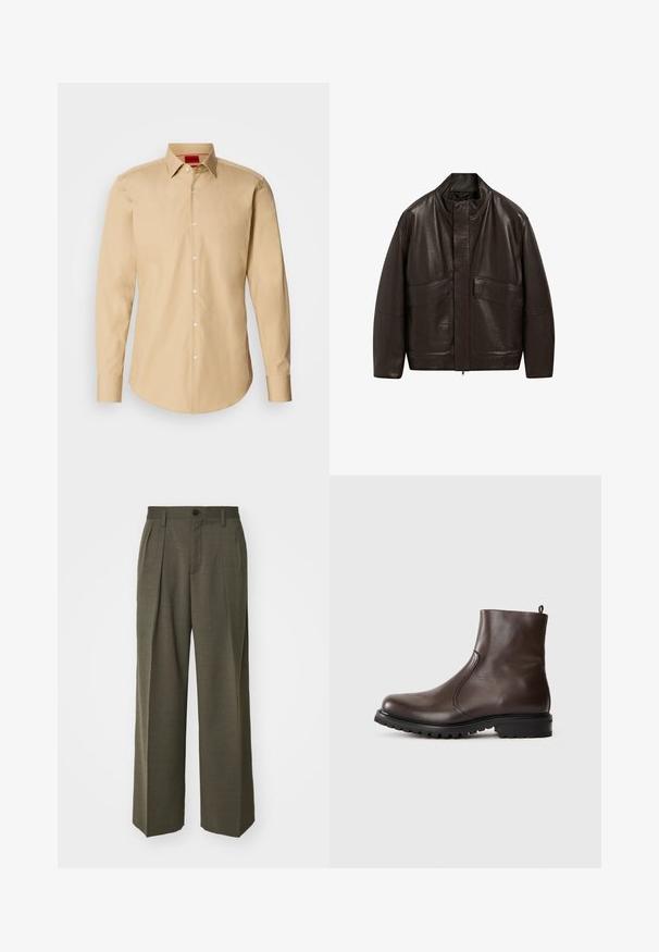 Brązowa skórzana kurtka z wysokim kołnierzem, zapięciem na zamek i dwiema dużymi kieszeniami z przodu; charakteryzuje się gładką fakturą i luźnym krojem.; Beżowa koszula zapinana na guziki, wykonana z gładkiego materiału, z klasycznym kołnierzykiem, długimi rękawami i subtelną teksturą, z białymi guzikami.; Filippa K - Spodnie materiałowe; Brązowe skórzane botki za kostkę o gładkiej powierzchni, z elastycznymi bocznymi panelami, pętelką z tyłu oraz wytrzymałą gumową podeszwą.