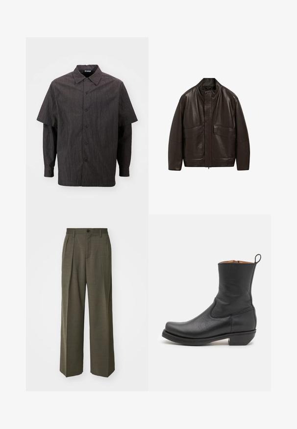 Bruine leren jas met een hoge kraag, ritssluiting en twee grote zijzakken; heeft een gladde textuur en een ontspannen pasvorm.; Han Kjøbenhavn TWO LAYERED - Overhemd - dark grey; Filippa K WIDE TROUSERS - Broek - driftwood; Zwarte leren enkelboot met een gladde textuur, slank profiel, zijkanten met stiksels en een lage vierkante hak. Voorzien van een trekband aan de achterkant.