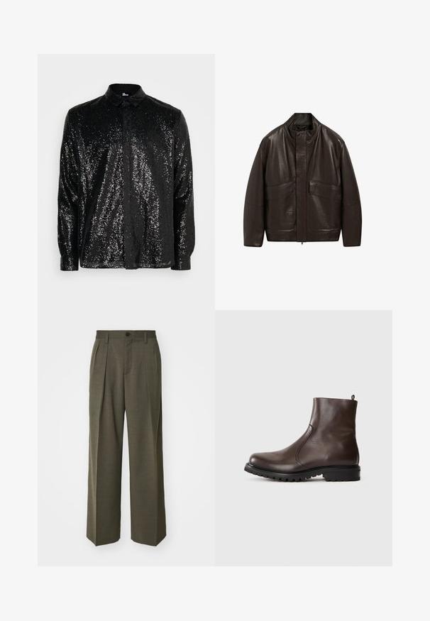 Braune Lederjacke mit hohem Kragen, Reißverschluss und zwei großen Fronttaschen; zeichnet sich durch eine glatte Textur und einen lässigen Schnitt aus.; Schwarzes Hemd mit Knöpfen, das mit Pailletten bedeckt ist und einen spitzen Kragen sowie lange Ärmel hat. Der Stoff glänzt und hat eine strukturierte Oberfläche.; Filippa K WIDE TROUSERS - Stoffhose - driftwood; Braune Leder-Stiefeletten mit glatter Textur, elastischen seitlichen Einsätzen, einer Schlaufe hinten und einer robusten Gummisohle.