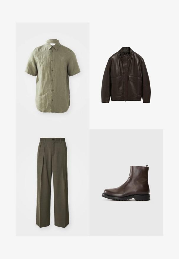 Bruine leren jas met een hoge kraag, ritssluiting en twee grote zijzakken; heeft een gladde textuur en een ontspannen pasvorm.; Olijfgroene shirt met korte mouwen van gestructureerde stof, met knoopsluiting aan de voorkant en kraag, zichtbaar stiksels en een gebogen zoom.; Filippa K WIDE TROUSERS - Broek - driftwood; Bruine leren enkelboot met een gladde textuur, elastische zijpanelen, een trekband aan de achterkant en een robuuste rubberen zool.