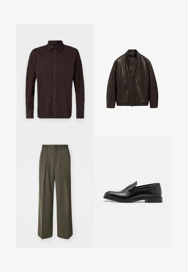 Brązowa skórzana kurtka z wysokim kołnierzem, zapięciem na zamek i dwiema dużymi kieszeniami z przodu; charakteryzuje się gładką fakturą i luźnym krojem.; Ciemnobrązowa koszula z długim rękawem wykonana z tkaniny tkanej. Posiada kołnierzyk zapinany na guziki, przednią plisę z czarnymi guzikami oraz zapinane na guziki mankiety.; Filippa K - Spodnie materiałowe; Czarne skórzane mokasyny o gładkiej fakturze, zaokrąglonym nosku i dekoracyjnym pasku na przodzie. Niski, warstwowy obcas, minimalistyczny design.