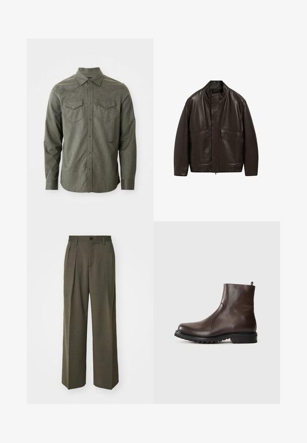 Brązowa skórzana kurtka z wysokim kołnierzem, zapięciem na zamek i dwiema dużymi kieszeniami z przodu; charakteryzuje się gładką fakturą i luźnym krojem.; Zielona, długa koszula z guzikami, wykonana z teksturowanej tkaniny. Posiada dwie kieszenie na piersi oraz wywinięty kołnierz z detalem w stylu zachodnim.; Filippa K - Spodnie materiałowe; Brązowe skórzane botki za kostkę o gładkiej powierzchni, z elastycznymi bocznymi panelami, pętelką z tyłu oraz wytrzymałą gumową podeszwą.