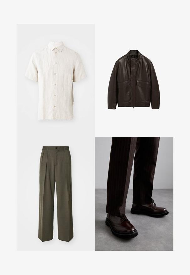 Braune Lederjacke mit hohem Kragen, Reißverschluss und zwei großen Fronttaschen; zeichnet sich durch eine glatte Textur und einen lässigen Schnitt aus.; Kurzärmliges Leinenhemd in hellem Beige. Verfügt über einen klassischen Kragen, eine Knopfleiste und eine dezente Textur. Sauberes Design ohne Muster.; Filippa K WIDE TROUSERS - Stoffhose - driftwood; Braune Leder Schnürschuhe mit glänzender Oberfläche, schwarzer Gummisohle und dezenten Nähten. Getragen mit braunen Angabenhosen mit Nadelstreifen.