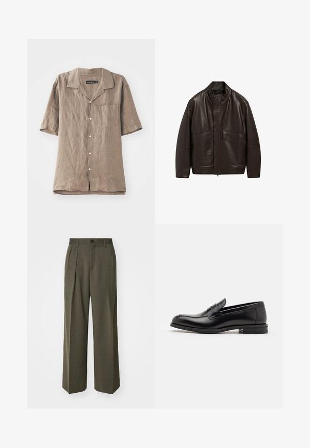 Hnědá kožená bunda s vysokým límcem, zipovým zapínáním a dvěma velkými předními kapsami; má hladkou texturu a volný střih.; Hem přírodní linové košile s krátkým rukávem ve světle hnědé barvě, límcem, přední kapsou a zapínáním na knoflíky. Měkká textura se přirozeným vzorem tkaní.; Filippa K WIDE TROUSERS - Kalhoty - driftwood; Černé kožené polobotky s hladkou texturou, zaoblenou špičkou a zdobným páskem přes nárt. Nízký stohovaný podpatek, minimalistický design.