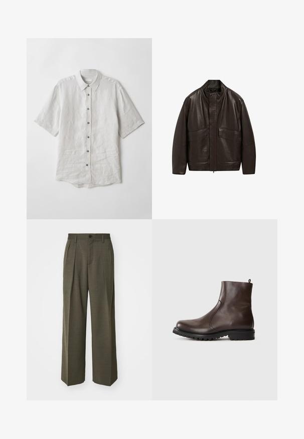 Bruine leren jas met een hoge kraag, ritssluiting en twee grote zijzakken; heeft een gladde textuur en een ontspannen pasvorm.; Korte mouwen knoopshirt in lichtgrijze linnen. Heeft een klassieke kraag, knoopsluiting aan de voorkant en een licht gebogen zoom. Zachte textuur met minimale kreukels.; Filippa K WIDE TROUSERS - Broek - driftwood; Bruine leren enkelboot met een gladde textuur, elastische zijpanelen, een trekband aan de achterkant en een robuuste rubberen zool.