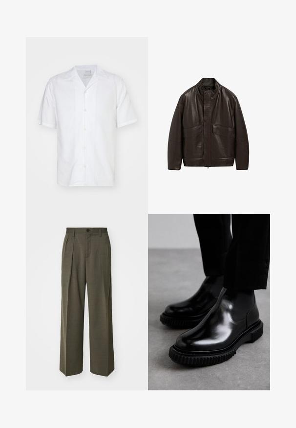 Bruine leren jas met een hoge kraag, ritssluiting en twee grote zijzakken; heeft een gladde textuur en een ontspannen pasvorm.; Tiger of Sweden BEKKETT - Overhemd - pure white; Filippa K WIDE TROUSERS - Broek - driftwood; Zwarte lederen Chelsea-laarzen met een gladde afwerking, elastische zijpanelen en een dikke, gestructureerde rubberen zool met een robuust loopvlak.