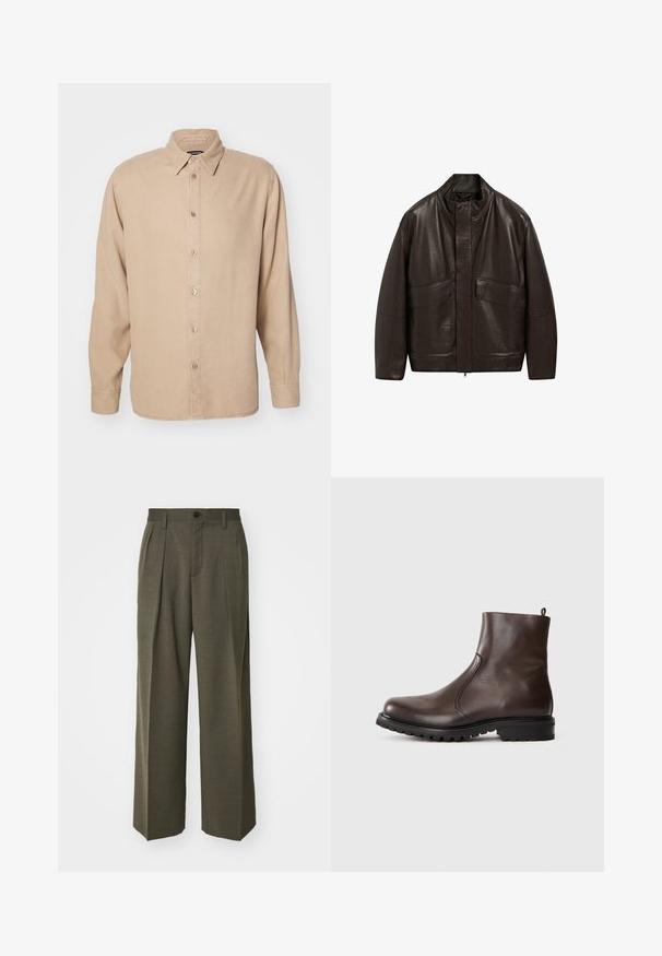 Bruine leren jas met een hoge kraag, ritssluiting en twee grote zijzakken; heeft een gladde textuur en een ontspannen pasvorm.; Beige langarmhemd met een button-down kraag. Gemaakt van zachte stof, met een knoopsluiting aan de voorkant en eenvoudige stikseldetails.; Filippa K WIDE TROUSERS - Broek - driftwood; Bruine leren enkelboot met een gladde textuur, elastische zijpanelen, een trekband aan de achterkant en een robuuste rubberen zool.