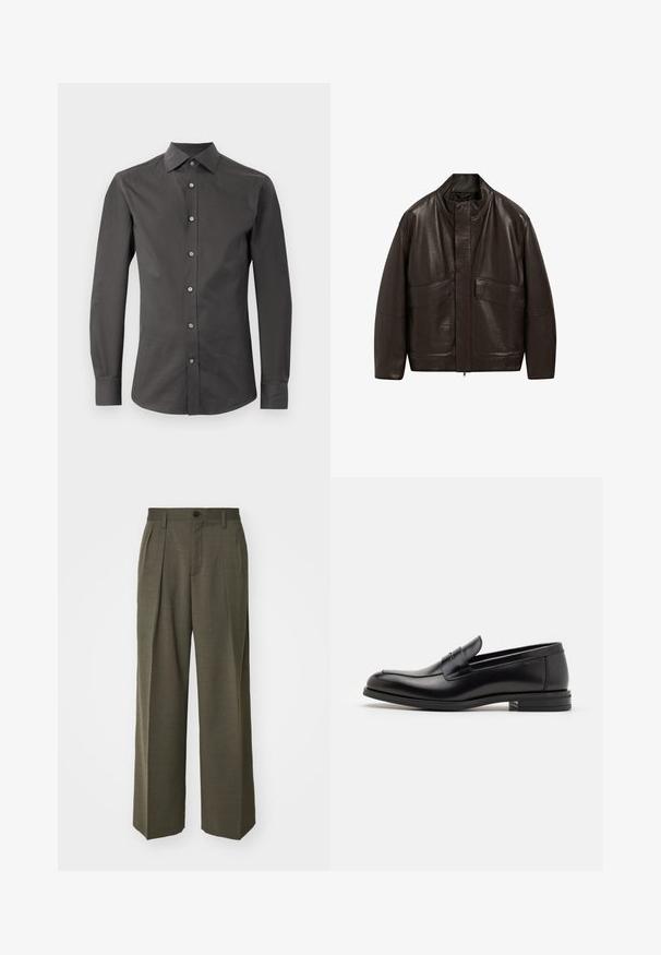 Brązowa skórzana kurtka z wysokim kołnierzem, zapięciem na zamek i dwiema dużymi kieszeniami z przodu; charakteryzuje się gładką fakturą i luźnym krojem.; Ciemnoszara bluzka z długim rękawem, uszyta z gładkiego materiału, z kołnierzykiem w kształcie litery V, guzikami z przodu i dopasowanym fasonem. Bez wzorów ani akcentów.; Filippa K - Spodnie materiałowe; Czarne skórzane mokasyny o gładkiej fakturze, zaokrąglonym nosku i dekoracyjnym pasku na przodzie. Niski, warstwowy obcas, minimalistyczny design.