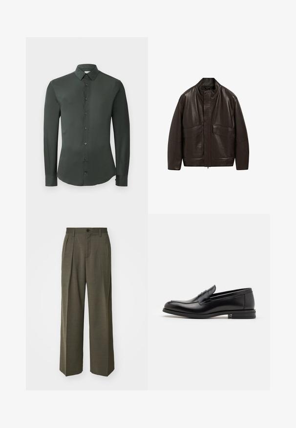 Veste en cuir marron avec un col haut, fermeture éclair et deux grandes poches avant ; présente une texture lisse et un design décontracté.; Chemise à manches longues vert foncé avec un col classique, fermeture à boutons sur le devant, et une texture de tissu lisse. Comprend des poignets à boutons et une coupe ajustée.; Filippa K WIDE TROUSERS - Pantalon classique - driftwood; Mocassins en cuir noir avec une texture lisse, bout rond et une sangle décorative sur le dessus. Talon bas empilé, design minimaliste.