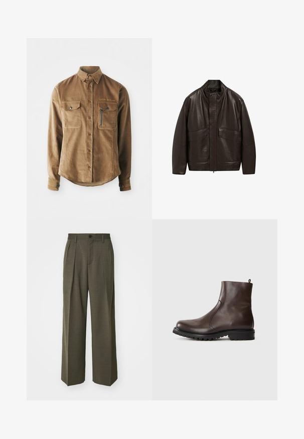 Brązowa skórzana kurtka z wysokim kołnierzem, zapięciem na zamek i dwiema dużymi kieszeniami z przodu; charakteryzuje się gładką fakturą i luźnym krojem.; Brązowa koszula z kordurowego materiału z kołnierzykiem zapinanym na guzik, dwiema kieszeniami na piersi oraz kieszenią na zamek po lewej stronie. Zapięcie na guziki z przodu.; Filippa K - Spodnie materiałowe; Brązowe skórzane botki za kostkę o gładkiej powierzchni, z elastycznymi bocznymi panelami, pętelką z tyłu oraz wytrzymałą gumową podeszwą.