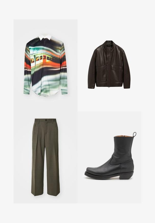 Brown leather jacket with a high collar, zip closure, and two large front pockets; features a smooth texture and relaxed fit design.; Long-sleeve shirt featuring a vibrant, abstract pattern with green, orange, and black hues. Collared design with a smooth, lightweight texture.; Filippa K WIDE TROUSERS - Trousers - driftwood; Black leather ankle boot with a smooth texture, slim profile, side stitching, and a low square heel. Features a pull tab at the back.