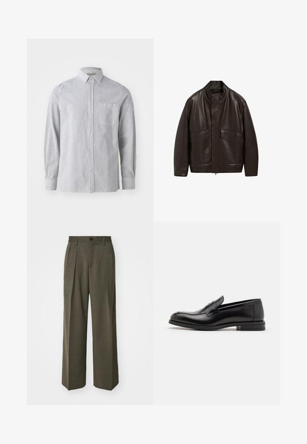 Bruine leren jas met een hoge kraag, ritssluiting en twee grote zijzakken; heeft een gladde textuur en een ontspannen pasvorm.; Gestreepte overhemd in lichtgrijs en wit, gemaakt van katoen, met lange mouwen, een enkele borstzak, een klassieke kraag en een rechte zoom.; Filippa K WIDE TROUSERS - Broek - driftwood; Zwarte leren instappers met een gladde textuur, ronde neus en een decoratieve band over de wreef. Lage, gestapelde hak en minimalistisch ontwerp.