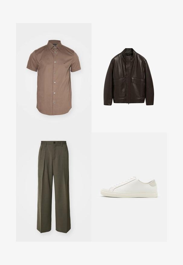 Giubbotto in pelle marrone con colletto alto, chiusura a zip e due grandi tasche frontali; presenta una texture liscia e un design dalla vestibilità comoda.; Emporio Armani SHIRT - Camicia - chocolate chip; Filippa K WIDE TROUSERS - Pantaloni - driftwood; Sneaker bianca in pelle con superficie liscia, punta rotonda e design minimalista. Presenta dettagli beige sul tallone e una suola in gomma.