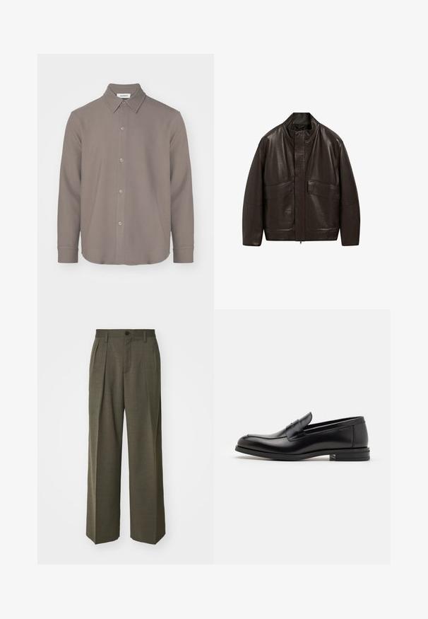 Hnědá kožená bunda s vysokým límcem, zipovým zapínáním a dvěma velkými předními kapsami; má hladkou texturu a volný střih.; Hnědá košile s dlouhým rukávem a límečkem, s knoflíkovým zapínáním, zaobleným spodním lemem a hladkou texturou s minimálními detaily.; Filippa K WIDE TROUSERS - Kalhoty - driftwood; Černé kožené polobotky s hladkou texturou, zaoblenou špičkou a zdobným páskem přes nárt. Nízký stohovaný podpatek, minimalistický design.