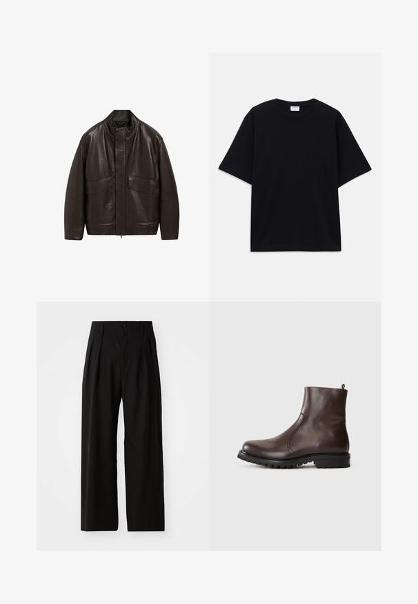 Brown leather jacket with a high collar, zip closure, and two large front pockets; features a smooth texture and relaxed fit design.; Black short-sleeve oversized T-shirt with round neckline and visible Filippa K brand label inside the collar.; Black wide-leg trousers with a smooth texture, featuring two front pleats, a button closure, and side pockets. Durable fabric.; Brown leather ankle boot with a smooth texture, elastic side panels, pull tab at the back, and a rugged rubber sole.