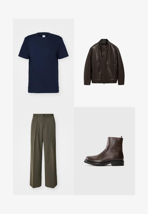 Braune Lederjacke mit hohem Kragen, Reißverschluss und zwei großen Fronttaschen; zeichnet sich durch eine glatte Textur und einen lässigen Schnitt aus.; Marineblaue kurzärmelige T-Shirt mit Rundhalsausschnitt, aus weichem Stoff gefertigt, mit glatter Textur und einfachem Design ohne Muster.; Filippa K WIDE TROUSERS - Stoffhose - driftwood; Braune Leder-Stiefeletten mit glatter Textur, elastischen seitlichen Einsätzen, einer Schlaufe hinten und einer robusten Gummisohle.