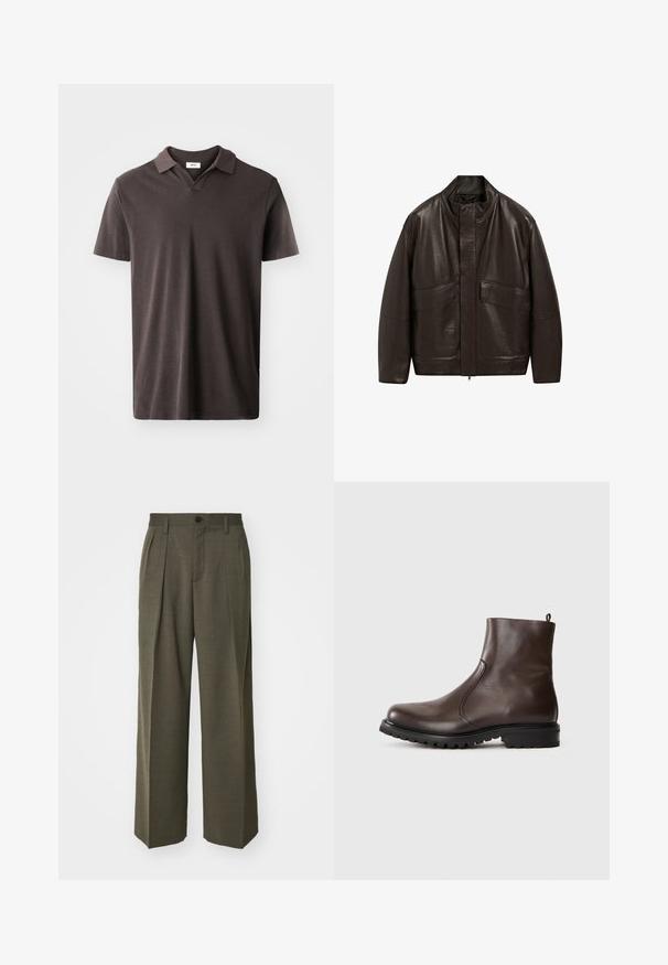 Brun läderjacka med hög krage, dragkedjestängning och två stora framfickor; har en slät yta och en avslappnad passform.; Mörkbrun kortärmad polotröja med en klassisk krage och en subtil textur, med rak fåll och minimalistisk design.; Filippa K WIDE TROUSERS - Tygbyxor - driftwood; Brun läderankelboot med en slät yta, elastiska sidopaneler, dragflik bak och en robust gummisula.
